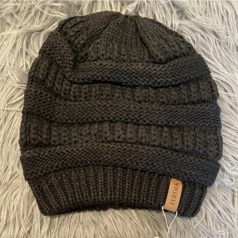 Furtalk Womens OS  Beanie Hat No PomPom Black Knit Stretch